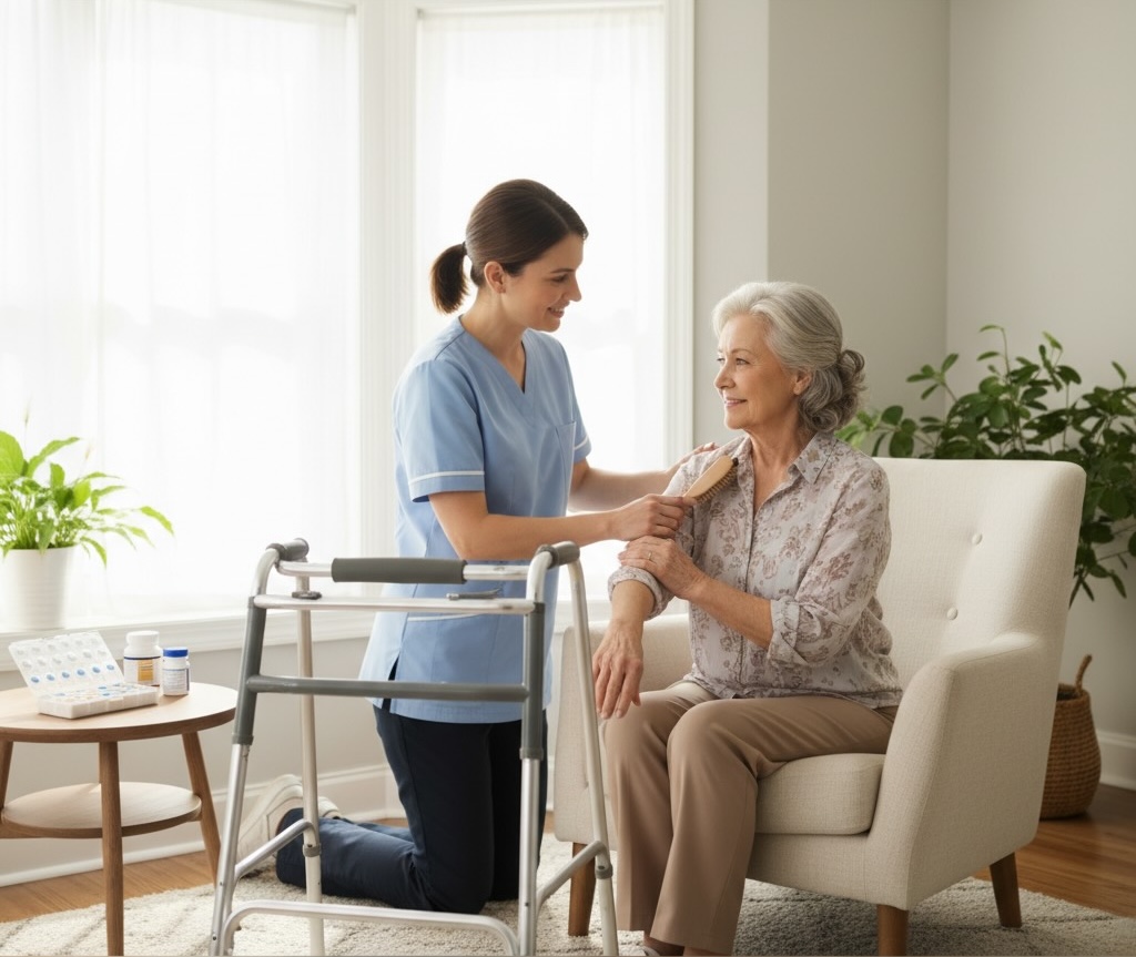 A Lifeway Cares caregiver assisting a client at home